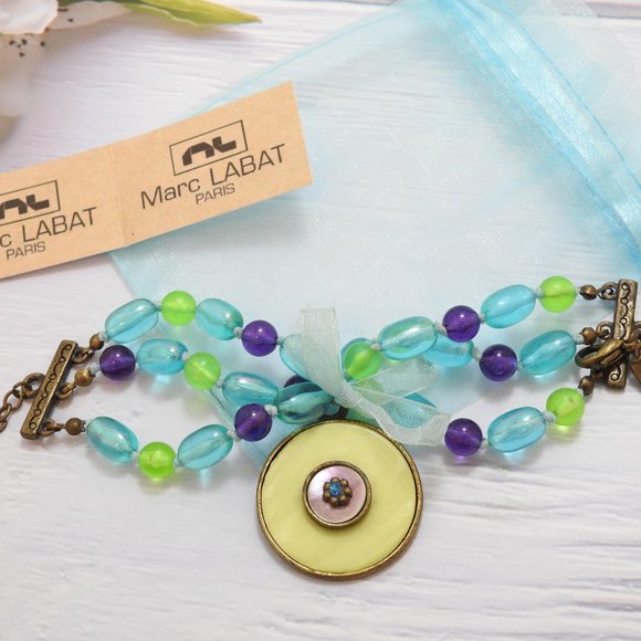 Bead Shell Bracelet Green Blue Artisan three Layer - Picture 1 of 6